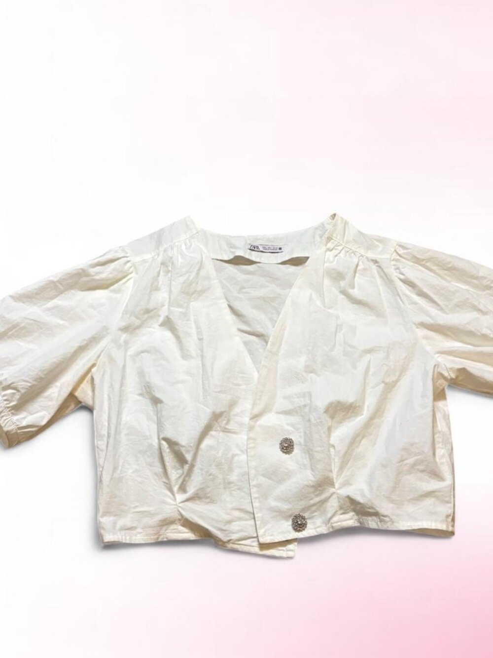 Zara white cotton blouse with button-up front and short puffy sleeves - Size L